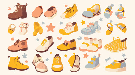 Baby shoes elements in doodle style 2d flat cartoon - obrazy, fototapety, plakaty