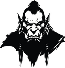 A black and white silhouette, drawing of a furious orc warrior head isolated on transparent background. Monochrome vector illustration. - obrazy, fototapety, plakaty