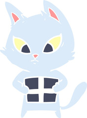 confused flat color style cartoon cat with gift