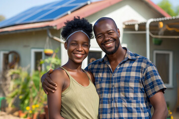 Portrait of happy black married couple in front of their sustainable house with solar panels on the roof.