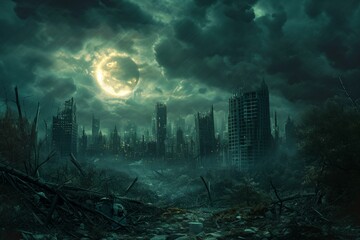 Haunted Apocalypse city dark. Street war smoke. Generate Ai