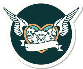 sticker of tattoo in traditional style of a flying heart with flowers and banner