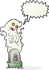 cartoon ghost rising from grave with speech bubble