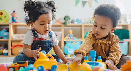 two multiethnic young children, aged 1,5-2 years, are engrossed in play with their toys at a...