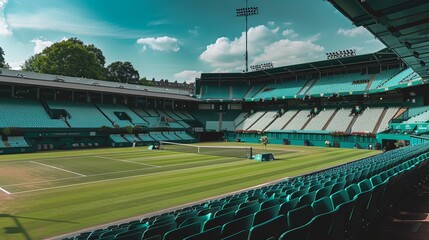 Naklejka premium Tennis Stadium: Empty Teal Seats and Green Court
