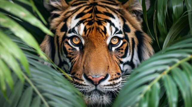 Close Up of Tigers Face Among Leaves