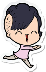 sticker of a cartoon happy hipster girl