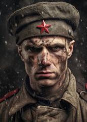Soldier in world war 2 uniform. Partisan army. Portrait poster in style of vintage photography. Generative Ai