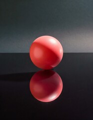 A glossy red sphere on a reflective black surface, creating a crisp, dual image that speaks to symmetry and introspection