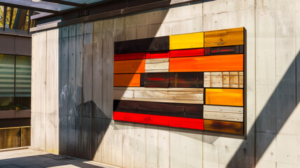 An idea for contemporary interior design spaces, multi-colored planks blend harmoniously with concrete walls to create a striking visual tapestry that embraces cultural heritage.