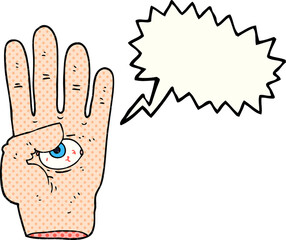 freehand drawn comic book speech bubble cartoon spooky hand with eyeball