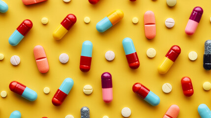 Top view: Array of colorful pills on a yellow surface, depicting diverse medications and treatments available - obrazy, fototapety, plakaty