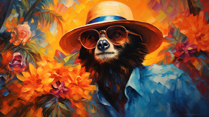 Envision a debonair sloth in a tailored linen suit, accessorized with a Panama hat and a cigar. Amidst a backdrop of tropical palms, it exudes relaxed sophistication and island charm. The vibe: leisur - obrazy, fototapety, plakaty