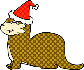 laughing otter hand drawn comic book style illustration of a wearing santa hat