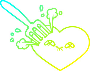 cold gradient line drawing of a cartoon love heart stuck with fork