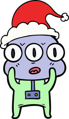 hand drawn line drawing of a three eyed alien wearing santa hat