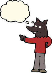 cartoon wolf man pointing with thought bubble