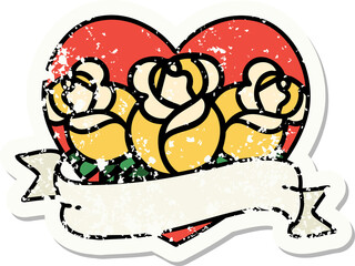 distressed sticker tattoo in traditional style of a heart and banner with flowers