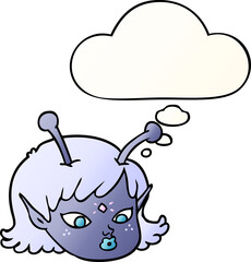 cartoon alien space girl face with thought bubble in smooth gradient style