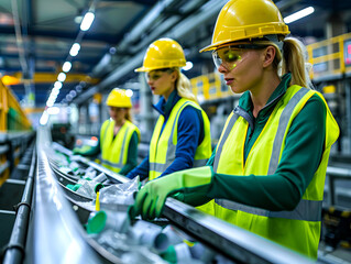 Sorting and processing of plastic waste, workers in protective equipment, waste processing plant. Nature protection, ecology.