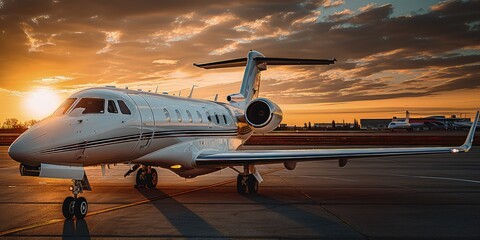 Modern executive jet plane at the airport runway on the background of dramatic sunset. A captivating sunset creates a breathtaking backdrop for the executive jet on the airport runway. - obrazy, fototapety, plakaty