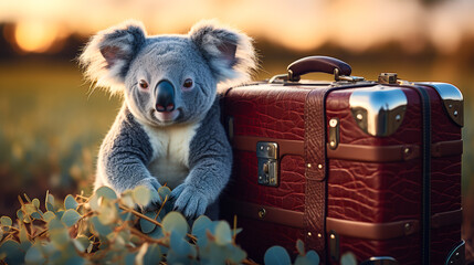 Picture a suave koala in a cashmere turtleneck sweater, accessorized with a platinum watch and a leather briefcase. Amidst a backdrop of skyscrapers at dusk, it exudes urban sophistication and busines - obrazy, fototapety, plakaty
