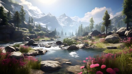Beautiful panoramic view of a mountain river with pink flowers