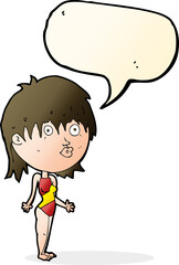 cartoon woman in swimsuit shrugging shoulders with speech bubble