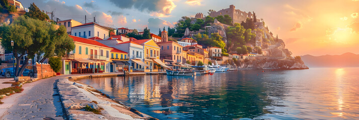 Historic coastal town under serene sunset with luxury yachts in harbor - obrazy, fototapety, plakaty