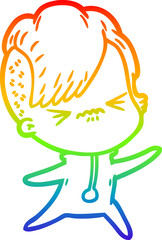Fototapeta premium rainbow gradient line drawing of a cartoon annoyed hipster girl