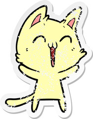 distressed sticker of a happy cartoon cat