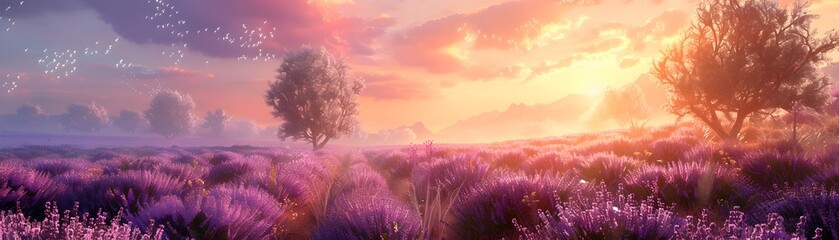Serene Stroll Through a Vibrant Lavender Field Beside a Tranquil Orchard at Sunset or Sunrise with Senses Alight with Color and Scent