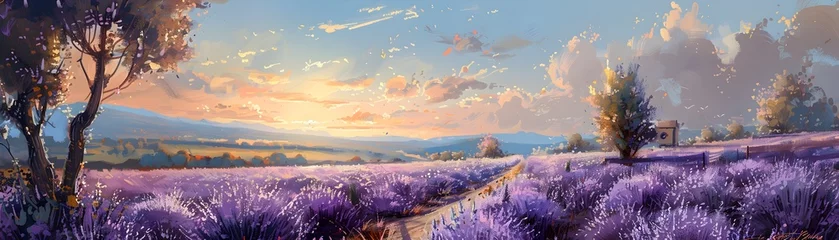 Foto op Canvas Serene Lavender Field Sunset Next to an Orchard Senses Awakened by Color and Fragrance Peaceful Countryside Landscape Panorama with Vibrant Floral © Wuttichai
