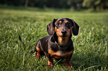Senior dachshund dog resting in green grass, looking up at camera. Old dachshund with a heartfelt gaze lounges on a lush lawn, outdoors. Pet love, domestic animals concept. Copy ad text space