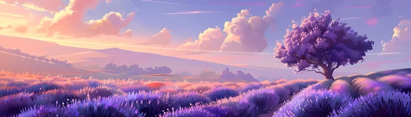 Fotobehang A Surreal Stroll through a Dreamy Lavender Field and Orchard at Magical Sunset © Wuttichai