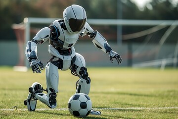 A high-tech humanoid robot dribbling a soccer ball on the field, illustrating the fusion of robotics and sports.