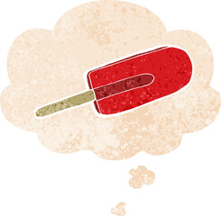 cartoon ice lolly with thought bubble in grunge distressed retro textured style