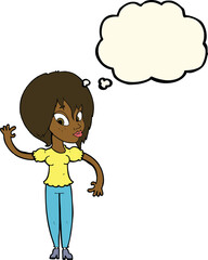 cartoon woman waving with thought bubble