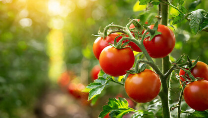Ripe red tomatoes on green bush in greenhouse. Organic agriculture. Natural, healthy garden food - obrazy, fototapety, plakaty