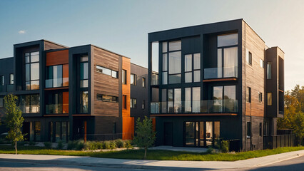 Street with modern modular private townhouses. Appearance of residential architecture