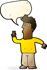 cartoon man giving peace sign with speech bubble