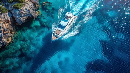 Aerial view of a luxury motor boat. Speed boat on the azure sea in turquoise blue water	