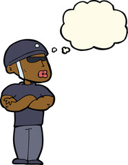 cartoon security guard with thought bubble