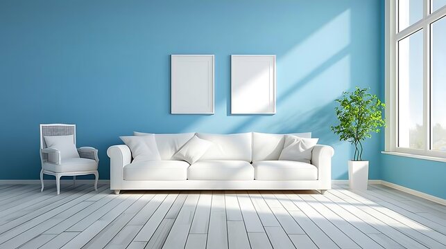 living room with white sofa set and picture frame on blue wall and bright laminate floor
