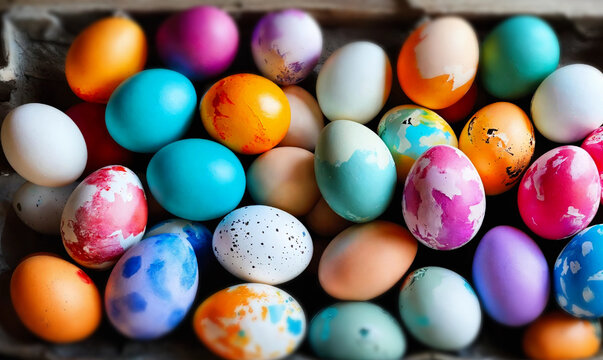 Easter is the oldest Christian holiday. There are many colored eggs in the box for Easter. Created with the help of artificial intelligence.