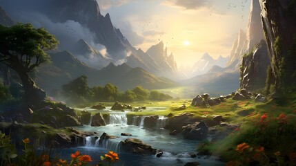 Panoramic view of a mountain river in the morning. Digital painting.