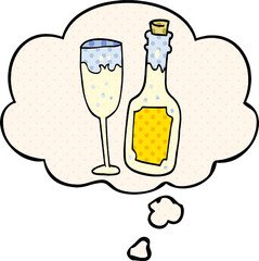 cartoon champagne bottle and glass with thought bubble in comic book style