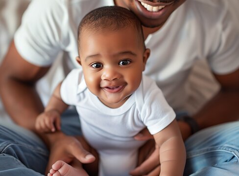 Black dad holding smiling baby boy wearing white onesie, closeup of cute. African American father playing with his son's feet, soft focus on light background, closeup portrait. Child Care.