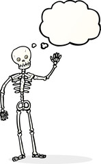 cartoon waving skeleton with thought bubble