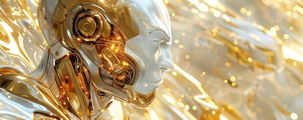 Futuristic cyborg humanoid digital ai robot, metallic shell, imbued with golden circuits that power its functions, the key to innovation, 3D Render